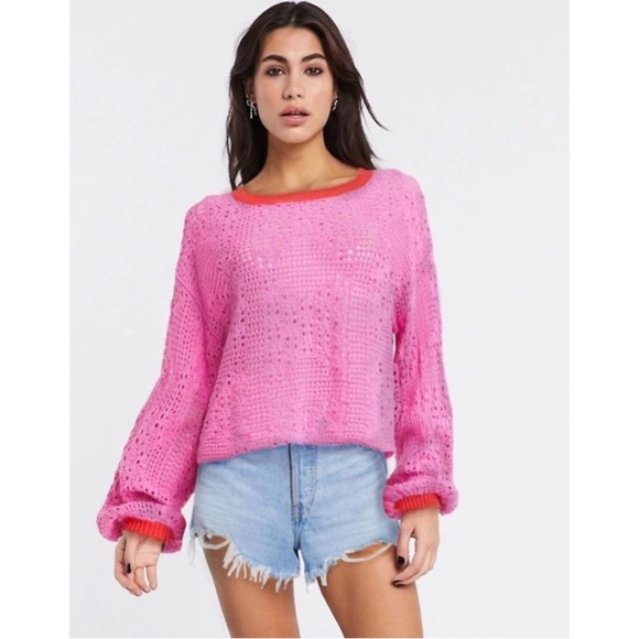 Free People Sweaters - Free People Home Run Crochet Color block Cropped Sweater Size M Bohemian Hippie
